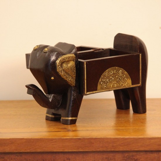 Dark wooden elephant-shaped decorative box with gold detailing and four sturdy legs.