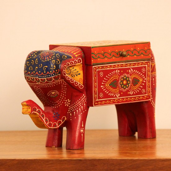 Red Elephant Decorative Box Red elephant-shaped decorative box featuring colourful hand-painted patterns and a storage compartment.