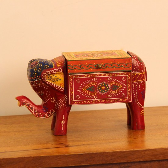Red Elephant Decorative Box Red elephant-shaped decorative box featuring colourful hand-painted patterns and a storage compartment.
