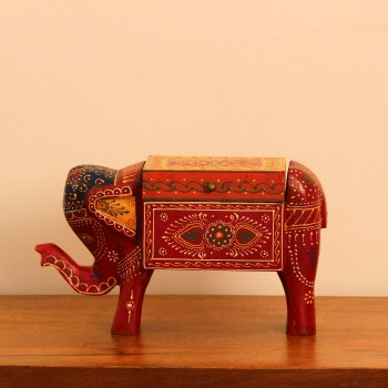 Red elephant-shaped decorative box featuring colourful hand-painted patterns and a storage compartment.