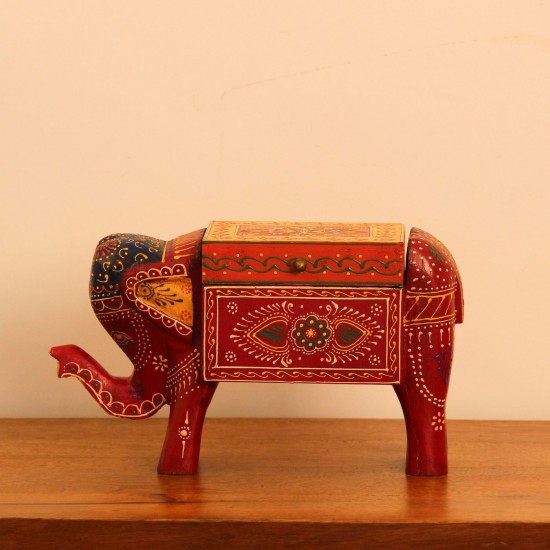 Red Elephant Decorative Box Red elephant-shaped decorative box featuring colourful hand-painted patterns and a storage compartment.