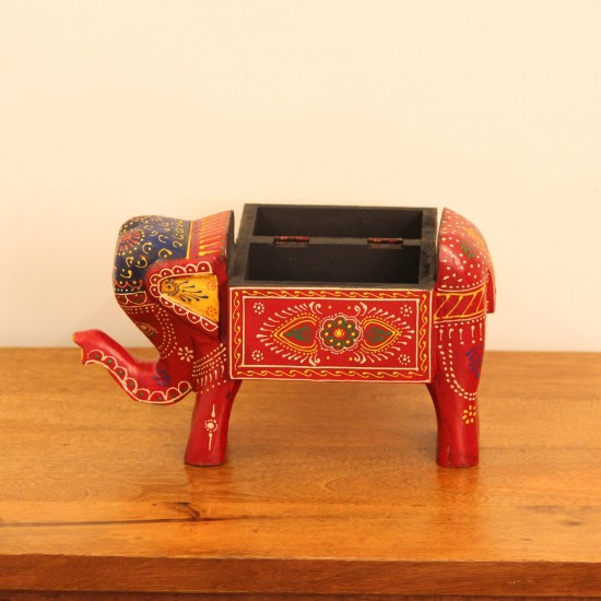Red Elephant Decorative Box Red elephant-shaped decorative box featuring colourful hand-painted patterns and a storage compartment.