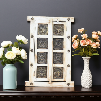 Wooden Decorative Window with brass art in off white