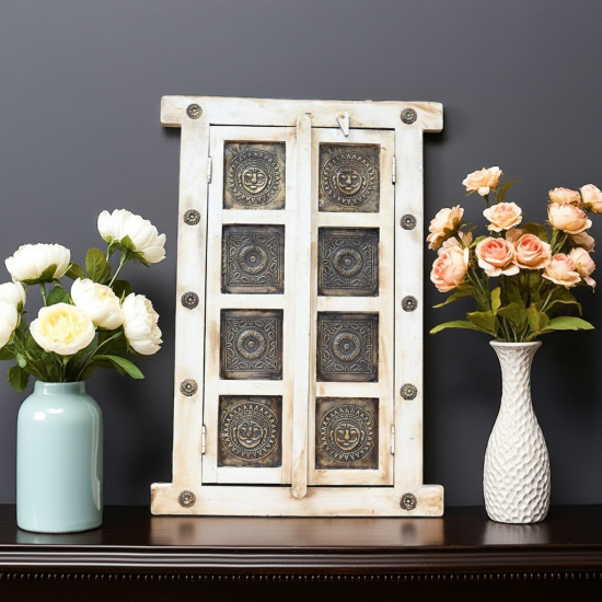Wooden Decorative Window with brass art in off white
