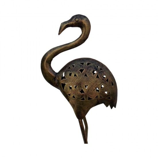 Flamingo -Antique Golden Finished Perforated Iron Craft Standing Flamingo Bird Sculpture cum T Light Holder - Small 