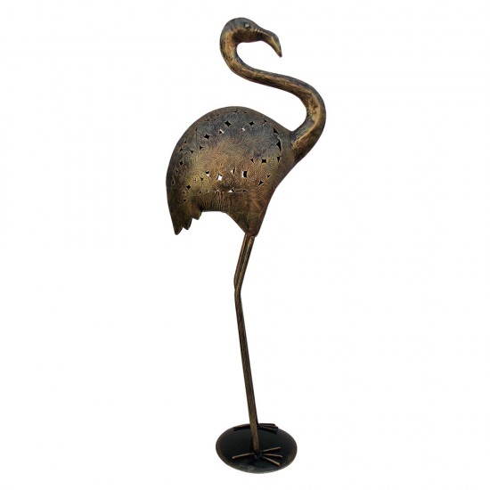 Antique Golden Finished Perforated Iron Craft Standing Flamingo Bird Sculpture cum T Light Holder - Large Flemingo