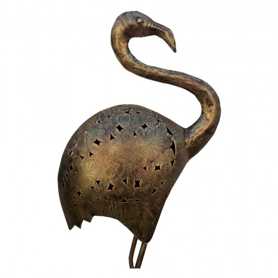 Antique Golden Finished Perforated Iron Craft Standing Flamingo Bird Sculpture cum T Light Holder - Large Flemingo