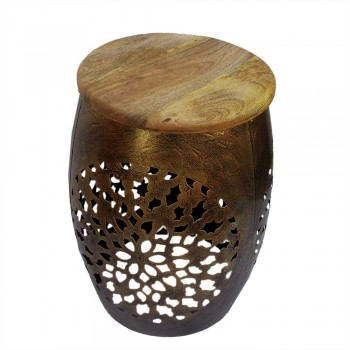 Perforated Stool with Wooden Top - Antique Golden Iron Craft