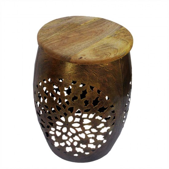 Perforated Stool with Wooden Top - Antique Golden Iron Craft