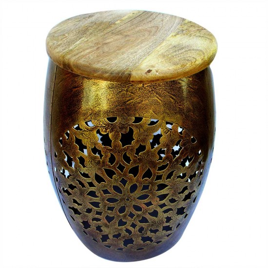 Perforated Stool with Wooden Top - Antique Golden Iron Craft