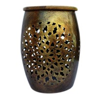 Perforated Stool with Wooden Top - Antique Golden Iron Craft