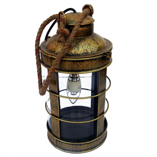 Antique Golden Iron Glass Electric Lamp with Jute Sling