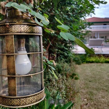 Antique Golden Iron Glass Electric Lamp with Jute Sling