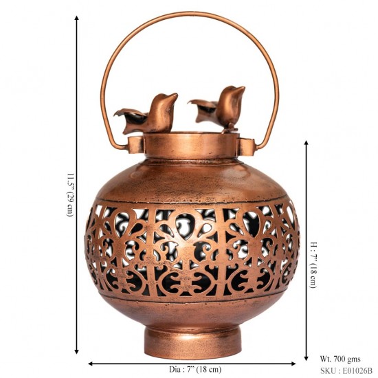 Copper Handi-Shaped Wall Tea-Light Holder with Birds on Top