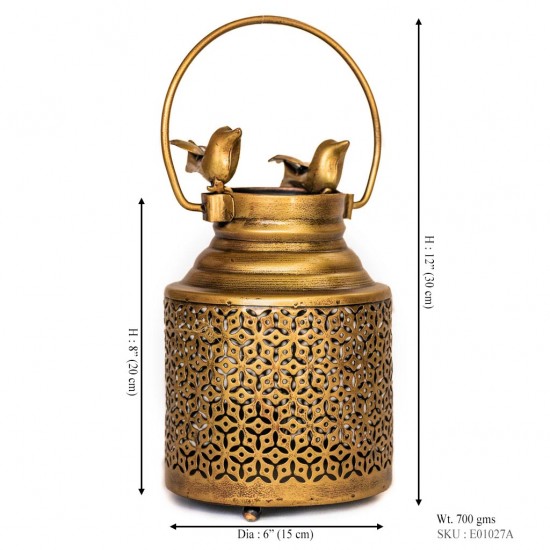Brass Ketley-Shaped Tea-Light Holder with Birds on Top