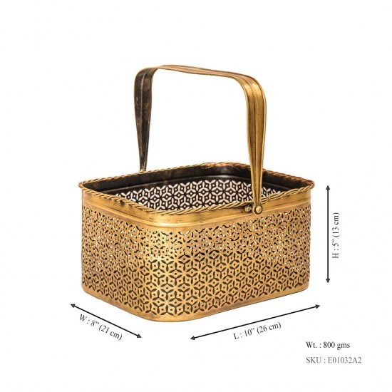 Sophisticated Brass-Finish Metal Basket Rectangle 8 x 10