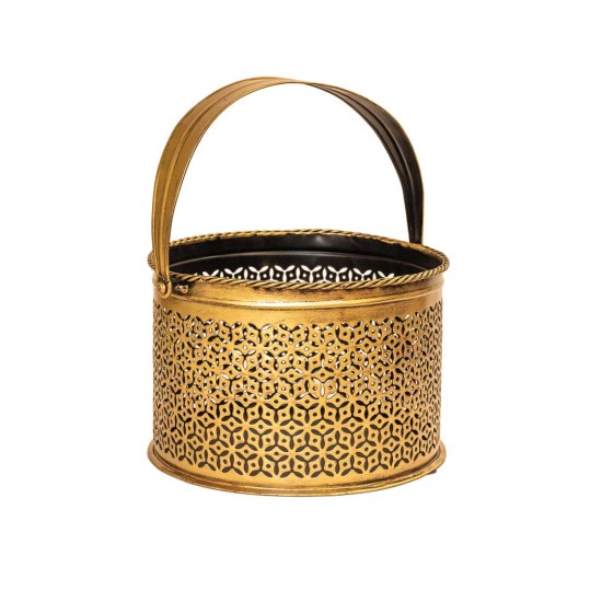 Sophisticated Brass-Finish Metal Basket Round - 9 x 9