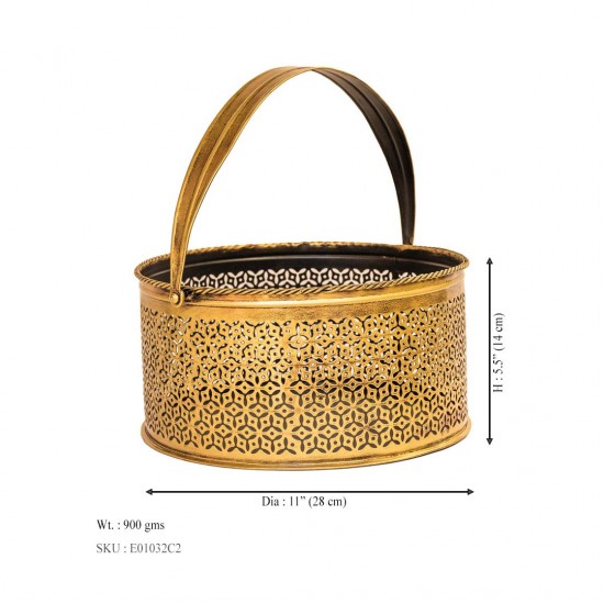 Sophisticated Brass-Finish Metal Basket Round 11 x 11