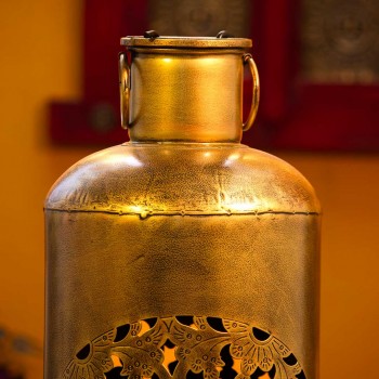 Large Moroccan-style floor lantern – rustic wooden lantern front view Large Moroccan-style floor lantern – rustic wooden lantern front view