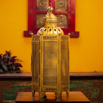 Iron perforated golden hanging lantern 24 inch – front view antique metal lantern
