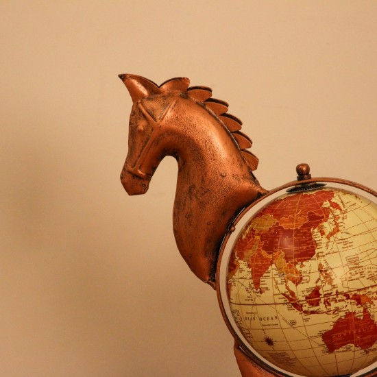 Copper Finish Horse Globe Desk Décor – Styled on Desk Copper finish horse globe styled on a wooden desk as statement desk décor