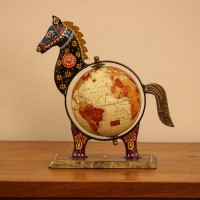 Hand Painted Horse Globe Desk Décor – Styled on Desk Hand-painted horse globe styled on a wooden desk as colourful desk décor