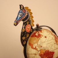 Hand Painted Horse Globe Desk Décor – Styled on Desk Hand-painted horse globe styled on a wooden desk as colourful desk décor