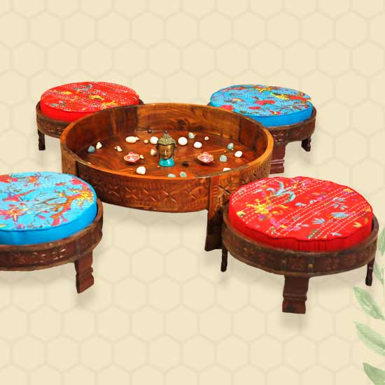 Rajasthani Low Chakki Seater Set  (4 Seaters and Centre piece)