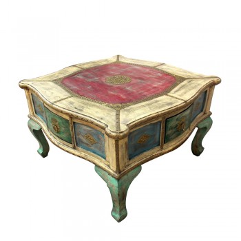Royal Vintage Themed 4 Drawers Distress Wooden Center Table Embossed Brass Artwork