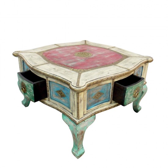 Royal Vintage Themed 4 Drawers Distress Wooden Center Table Embossed Brass Artwork