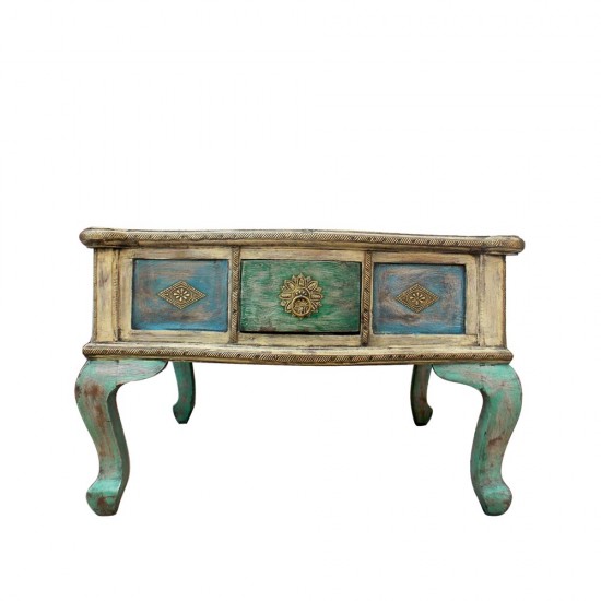 Royal Vintage Themed 4 Drawers Distress Wooden Center Table Embossed Brass Artwork