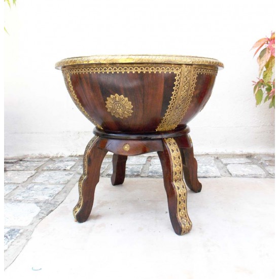 Wooden Nagada (Drum) Table on Tripod Stand- Embossed Brass Art Embellished.