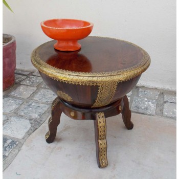 Wooden Nagada (Drum) Table on Tripod Stand- Embossed Brass Art Embellished.