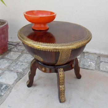 Wooden Nagada (Drum) Table on Tripod Stand- Embossed Brass Art Embellished.