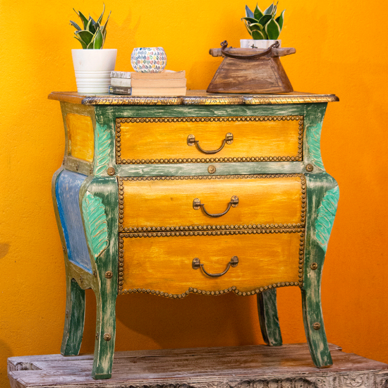 multicolour distressed wooden chest of three drawers Indune