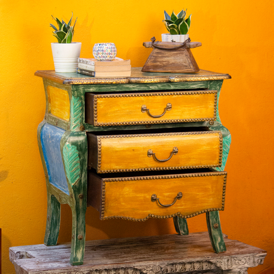 multicolour distressed wooden chest of three drawers Indune
