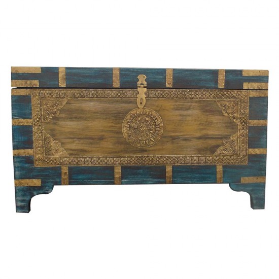 Colorful Distressed Treasure Box (Pitara)- Embossed Brass Art (Yellow/Blue).