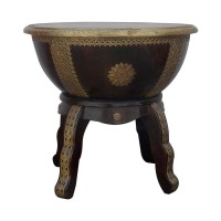 Wooden Nagada (Drum) Table on Tripod Stand- Embossed Brass Art Embellished.