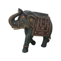 Wooden Rustic Elephant - Distressed Painted, Brass Art