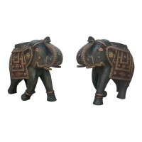 Wooden Rustic Elephant - Distressed Painted, Brass Art