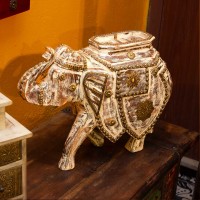 Distressed white wooden elephant decor accent