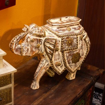 Distressed white wooden elephant decor accent