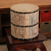 Reclaimed Wood Garden Stool Small Small reclaimed wood garden stool with distressed finish and metal band accents in drum shape