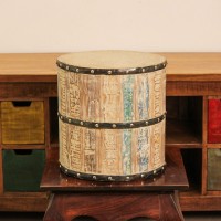 Reclaimed Wood Garden Stool Small Small reclaimed wood garden stool with distressed finish and metal band accents in drum shape