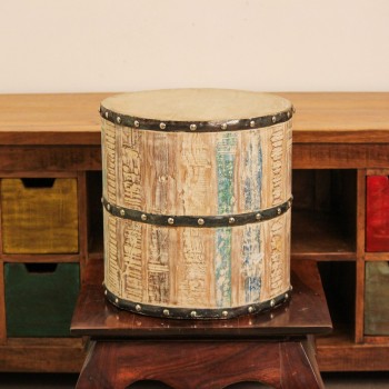 Reclaimed Wood Garden Stool Small Small reclaimed wood garden stool with distressed finish and metal band accents in drum shape