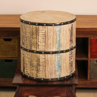 Reclaimed Wood Garden Stool Medium Medium reclaimed wood garden stool with distressed finish and metal band accents in drum shape