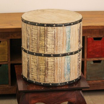 Reclaimed Wood Garden Stool Medium Medium reclaimed wood garden stool with distressed finish and metal band accents in drum shape