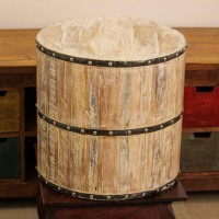 Reclaimed Wood Garden Stool Large Large reclaimed wood garden stool with distressed finish and metal band accents in drum shape