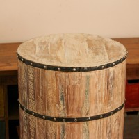 Reclaimed Wood Garden Stool Medium Medium reclaimed wood garden stool with distressed finish and metal band accents in drum shape