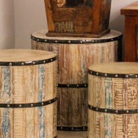Reclaimed Wood Garden Stool Medium Medium reclaimed wood garden stool with distressed finish and metal band accents in drum shape